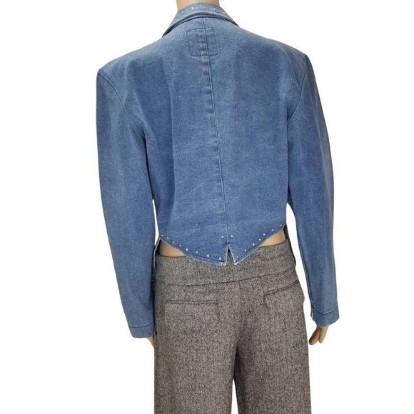 VINTAGE TUXEDO JEAN JACKET by Explosive Crystal Adorned Collar Size Large - Picture 4 of 10